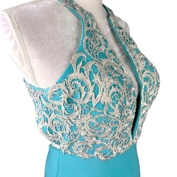 La Femme Embroidered-Bodice Prom Evening Gown Turquoise 6 Beaded - Picture 4 of 15